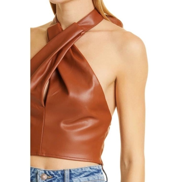 NWT STAUD 70s Vegan Leather Keyhole Twist Front Open Back Halter Tie Crop Top 10 - Picture 11 of 17